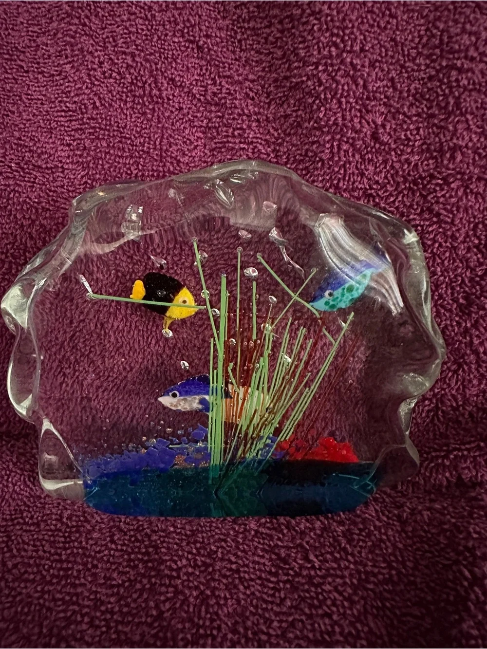 Murano Multicolor Glass Aquarium Sculpture with Blue, Green, Yellow and Red Fish